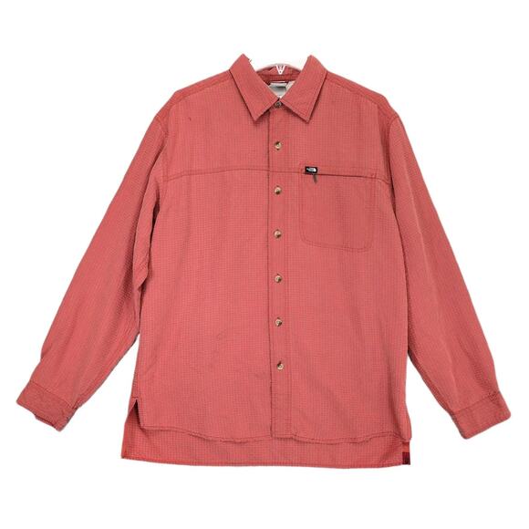 THE NORTH FACE Men's M Orange Grey Check Long Sleeve Button Shirt Suede-Like Y2K - Picture 1 of 11